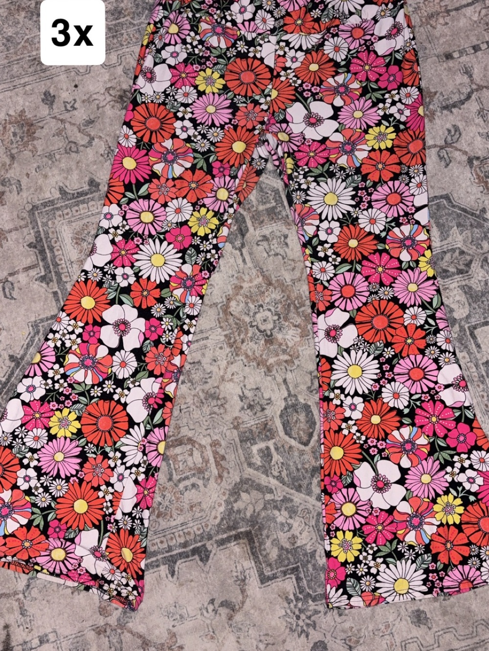 Floral Bell Bottom Pants — Black with Pink, Red & Yellow Flowers